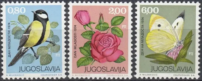 Yugoslavia stamps year 1974 Birds Butterflies Roses set